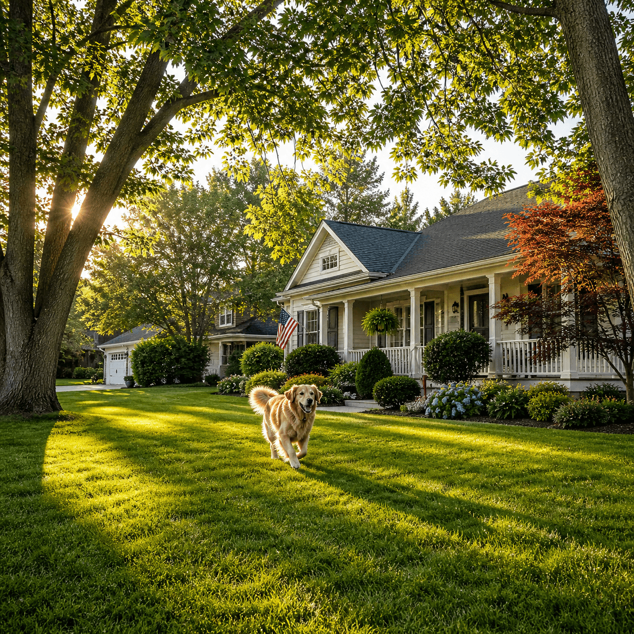 A welcoming home with a green lawn and dog in the yard