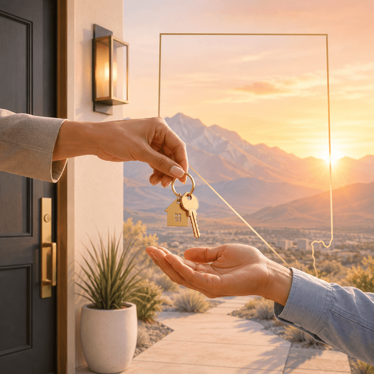 Hands exchanging house keys at a Nevada front door at sunset, with the state outline traced in gold against the mountains